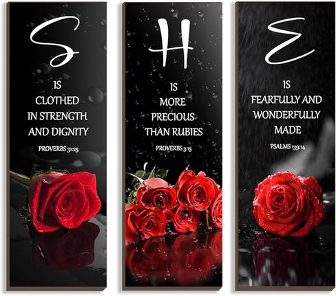 3 Pcs Pink Bedroom Decor Pink Rose Wooden Wall Decor Pink Bathroom Decor Inspirational Farmhouse Office Decor Signs With SHE Bible Words For Women Girl Bedroom Home Decor(Pink 12x4Inch) in Saudi Arabia