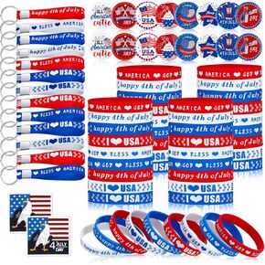 Batiyeer 122 Pcs Patriotic Party Favors 4th of July Party Decorations Include Rubber Bracelets, USA Flag Brooches, Key Chain, Stickers for Memorial Day Independence Day Party Supplies Souvenir Gift