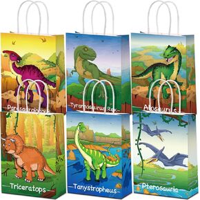 24 Pcs Dinosaur Party Favor Bags w/ Handle, Dinosaur Kraft Paper Gift Bags Kids Goodie Treat Bags Boys Girls Dinosaur Dino Theme Birthday Baby Shower Party Supplies Cookie Gift (Cartoon Style)