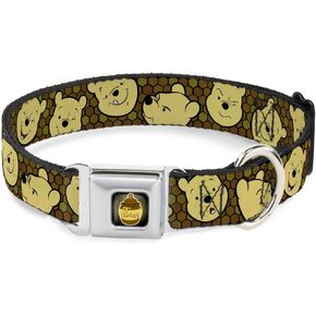 Dog Collar Seatbelt Buckle Winnie The Pooh Expressions Honeycomb Black Browns 9 to 15 Inches 1.0 Inch Wide