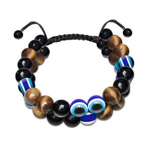 Triple Protection Bracelet,Bracelet for Men Women,8mm Red Tiger Eye Stone,Black Bead,Devil's Eye,Bring Luck and Prosperity& Happiness,Adjustable braided cord fits wrists 6.3"-8.07"