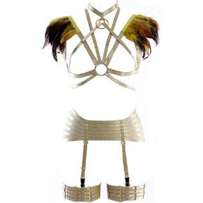 Women's Feather Harness Bra Strap Full Body Frame Epaulette Shoulder Wing