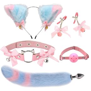 Faux Fur Fox Costume Accessories Animal Cat Long Tail Set Butt Plugs Necklace Choker Nipple Clamp Body Jewelry Furry Ear Headband Mouth Gag Ball Buttpulg Sex Animal Cosplay Costume