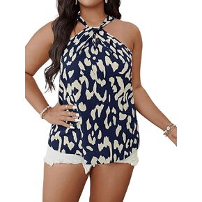 SOLY HUX Women's Plus Size Allover Print Sleeveless Halter Top Casual Summer Tops