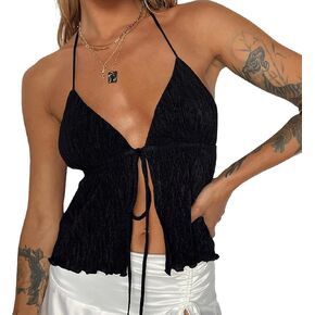 Y2k Tie Front Top Backless Deep V Neck Spaghetti Strap Halt Beachy Top
