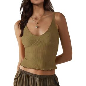 Women Camisole Seamless Adjustable Spaghetti Strap V Neck Ribbed Tank Crop Tops Backless Ruffle Sleeveless Cami