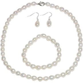 Gem Stone King 3pc Cultured Freshwater White Pearl Necklace Bracelet Earrings For Women, Wedding Pearl Jewelry Sets for Bride Bridesmaid Women, Mothers Day Birthday Valentine's Day Gifts