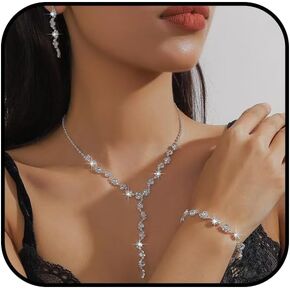 Silver Crystal Bridal Jewelry Set for Women Rhinestone Wedding Jewelry Set for Bridesmaid Elegant Prom Necklace Earrings Bracelet Sets Gifts