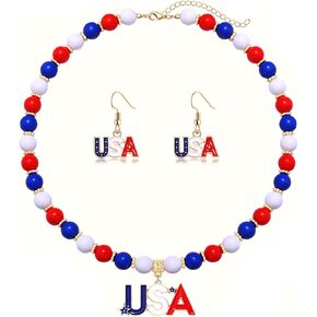 4th of July Earrings Necklaces Chunky Kids Red White Blue Butterfly Heart USA Charm Choker Cute American Flag Patriotic Drop Dangling Earrings Jewelry Set for Women Girls Independence Day Party Favors Gift