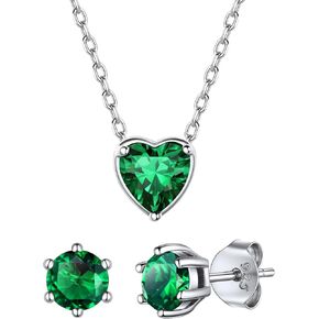 Suplight Dainty 925 Sterling Silver Birthstone Heart Crystal 6 Prong Necklace/Stud Earrings,May Minimalist BirthStone Necklaces Earrings Jewelry for Women (with Gift Box)
