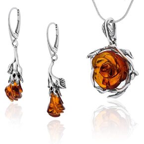 Women's Jewellery Set Amber 060B, Oxidised Sterling Silver, Hand Carved Amber Roses in Cognac Colour, Silver Pendant on Chain and Earrings