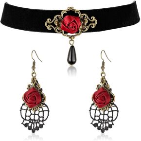 RareLove Red Rose Teardrop Gothic Lolita Velvet Choker Necklace and Dangle Earrings Jewelry Set Halloween Costumes for Women Accessories