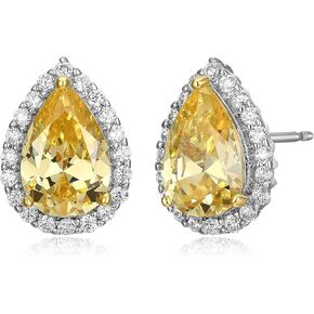 MORGAN & PAIGE Rhodium Plated Silver Yellow Cubic Zirconia Pear Cut 9x6mm and White Cubic Zirconia Halo-Setting Stud Earrings