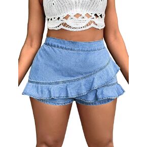 WDIRARA Women's Plus Size Elastic Waist Layered Ruffle Trim Denim Skort Shorts