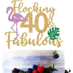 Gold Glitter Flocking 40 & Fabulous Cake Topper, Aloha 40/Happy 40th Birthday/Flock I'm 40, Funny Summer Tropical Themed 40th Birthday Anniversary Party Decorations Supplies
