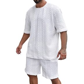 GORGLITTER Men's Plus 2 Piece Outfit Cable Knit Half Sleeve T Shirt Shorts Set