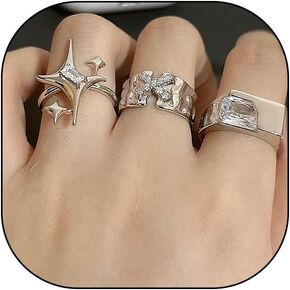 Y2k Silver Star Rings Set for Women Teen Girls,Rhinestone Stacking Layering Cool Ring,Personalized Chunky Irregular Adjustable Opening Knuckle Ring