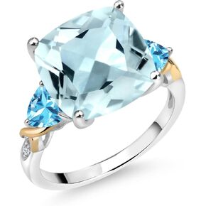 Gem Stone King 925 Silver and 10K Yellow Sky Blue Simulated Aquamarine and Swiss Blue Topaz and Diamond Ring For Women (7.17 Cttw, 12MM Cushion and 5mm Trillion, Available in Size 5,6,7,8,9)