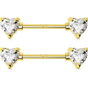 OUFER 2PCS 14K Solid Gold Nipple Rings, Heart Nipple Piercing Jewelry, 14G Nipple Bars, CLear CZ Nipple Jewelry, Bridge Piercing Jewelry, Nipple Rings For Women Sexy