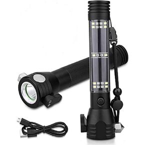 XREXS Solar Powered LED Car Flashlight Multi-Function Solar Escape Rescue Flashlight, USB Charger and Solar Charger, Portable Flashlight for Hiking, Camping, Traveling