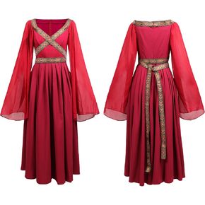 PROCOS Womens Renaissance Dress Red Medieval Chiffon-Burgundy for Irish Queen Indian Costume Party Dance Dress, US Size