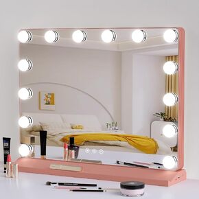 OWIXI Hollywood 15 Bulb Makeup Mirror 23"X18", 3 Color Settings, Smart Controls, with USB Charging Port, Aluminum Frame,Black