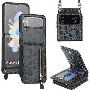 Cavor for Samsung Galaxy Z Flip 4 Case Wallet with for Women,Galaxy Z Flip 4 Case with Strap,Crossbody Strap Lanyard Card Holder Stand,Flip 4 Phone Case Cute,Leather Zipper Pocket Cover-Rosegold