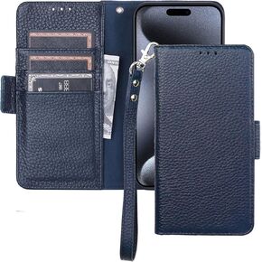 Bocasal Wallet Case for iPhone 15 Pro 5G, Genuine Leather Support Wireless Charging RFID Blocking Flip Case Card Slots Holder, Kickstand Book Folding Folio Cover with Wrist Strap 6.1 Inch(Royal Blue)