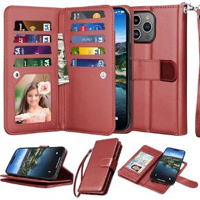 Njjex Wallet Case Compatible for iPhone 15 6.1" 2023, [9 Card Slots] PU Leather Card Holder Folio Flip [Detachable] Kickstand Magnetic Phone Cover & Lanyard Compatible for iPhone 15 [Black]