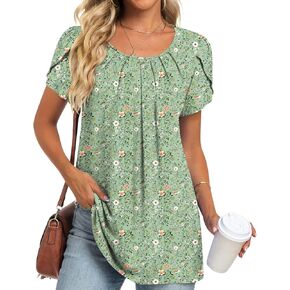 Anymeet Women's Tops 2024 Summer Tunic Short Petal Sleeve Casual Shirts Pleated Blouses for Leggings