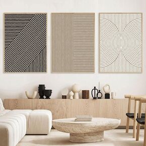 3Pcs Framed Modern Neutral Abstract Wall Art Boho Minimalist Line Canvas Posters Prints Mid Century Beige Black Brown Wall Decor Pictures for Living Room Bedroom Home Decoration