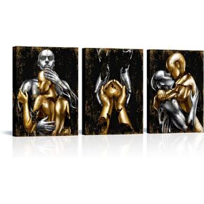 Visual Art Decor Black and Gold Love Decor Grey & Gold Hugging Couple Bedroom Wall Decor Picture Art Prints Framed Canvas Print (Black, 12x16inchx3 Pieces)