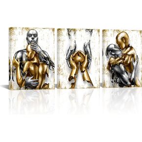 Visual Art Decor Black and Gold Love Decor Grey & Gold Hugging Couple Bedroom Wall Decor Picture Art Prints Framed Canvas Print (Black, 12x16inchx3 Pieces)