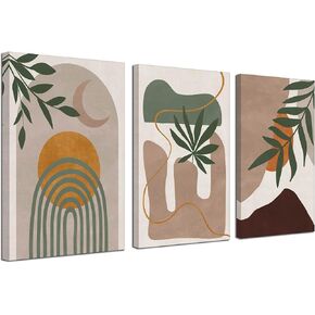 Beige Women Boho Wall Art for Bedroom Mid Century Modern Wall Art Minimalist Bohemian Leaf Canvas Prints Pictures Framed Artwork for Bathroom Living Room Decor 3 Panels 12" X16