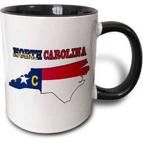 3dRose mug_58753_4 "North Carolina state flag in the outline map and letters for North Carolina" Two Tone Black Mug, 11 oz, Multicolor