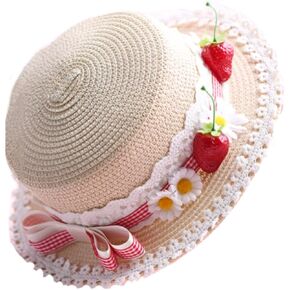 Lolita Strawberry Straw Hat for Women Teens Summer Outdoor Fashionable Wide Brim Beach Sun Hats UV Protection
