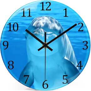 VIKMARI Glass Dolphin Wall Clock Modern Home Decorative Blue Ocean Beautiful Sea Kitchen Decor 8 Inches Battery Operated Small Silent Non-Ticking Quartz Analog Clock for Office,Bedroom,Living Room
