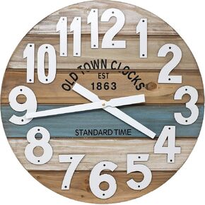 ساعة حائط رومانية كبيرة خشبية متعددة الألوان للشاطئ الساحلي مقاس 24 بوصة (أزرق، 24 بوصة) in Kuwait