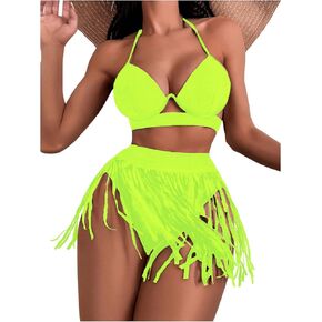 SOLY HUX Bikini Sets for Women Fringe Hem Push Up Halter Swimsuit Two Piece Bathing Suits
