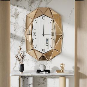 Mirrored Wall Clock Decorative: Large Oval Diamond Shape Silver Vanity with Silver Glass Mirror Beveled Frame Edge 40x28 inch Modern Home Art Deco for Living Room Dining Room