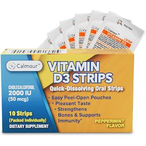 CALMOUR Vitamin D3 Strips 10 Pack| 2000 IU Oral Dissolvable D3 Vitamin Strips | Peppermint Flavor Melts on Your Tongue in 30 Seconds | Boost Immunity & Enhance Mental Focus with Vitamin D3 2000