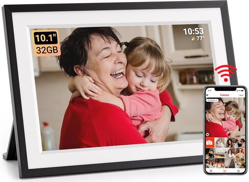 Digital Photo Frame WiFi, 10.1 Inch Frameo Smart Electronic Picture Frame with 32GB Storage, 1280x800 IPS Touch Screen, Auto-Rotate, Wall Mountable, Share Photos/Videos Instantly from Anywhere in Saudi Arabia
