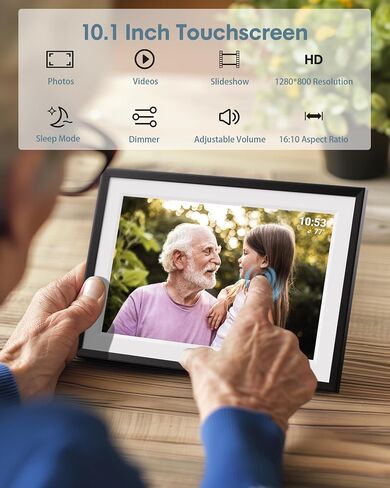 Digital Photo Frame WiFi, 10.1 Inch Frameo Smart Electronic Picture Frame with 32GB Storage, 1280x800 IPS Touch Screen, Auto-Rotate, Wall Mountable, Share Photos/Videos Instantly from Anywhere in Saudi Arabia