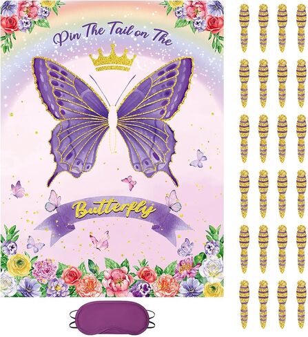 Faccito Butterfly Pin The Tail Game Butterflies Game Birthday Party Decorations Supplies Spring Flowers Theme with 21 x 28 in Poster 24 Stickers Blindfold Pastel Rainbow Decor Favors(Purple) in Saudi Arabia