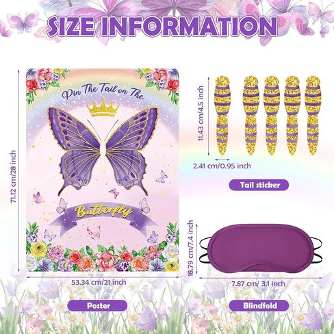 Faccito Butterfly Pin The Tail Game Butterflies Game Birthday Party Decorations Supplies Spring Flowers Theme with 21 x 28 in Poster 24 Stickers Blindfold Pastel Rainbow Decor Favors(Purple) in Saudi Arabia