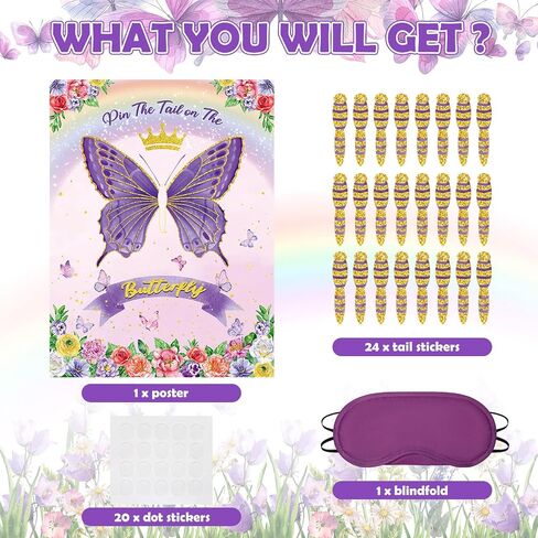 Faccito Butterfly Pin The Tail Game Butterflies Game Birthday Party Decorations Supplies Spring Flowers Theme with 21 x 28 in Poster 24 Stickers Blindfold Pastel Rainbow Decor Favors(Purple) in Saudi Arabia