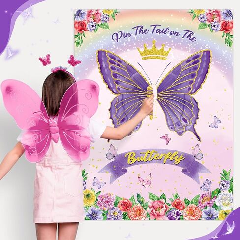 Faccito Butterfly Pin The Tail Game Butterflies Game Birthday Party Decorations Supplies Spring Flowers Theme with 21 x 28 in Poster 24 Stickers Blindfold Pastel Rainbow Decor Favors(Purple) in Saudi Arabia