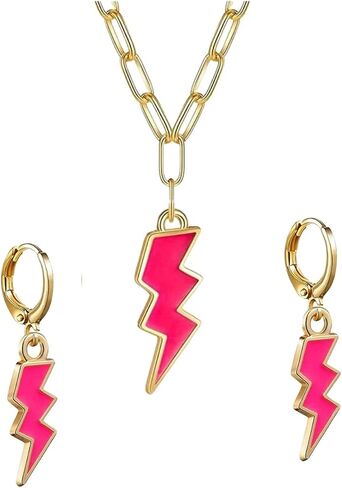 Fuqimanman2020 2 PCS Preppy Lightning Earrings Pendant Necklaces Set, Cute Pink Blue Trendy Y2K Jewelry Gold Huggie Hoop Gifts in Saudi Arabia