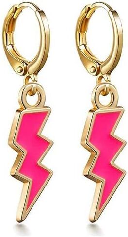 Fuqimanman2020 2 PCS Preppy Lightning Earrings Pendant Necklaces Set, Cute Pink Blue Trendy Y2K Jewelry Gold Huggie Hoop Gifts in Saudi Arabia