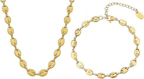 2Pcs Paperclip Chain Jewelry Set,14K Gold Coffee Bean Link Necklace Charm Stainless Steel Bracelets Trendy Aesthetic Pig Nose Necklace Bracelets Gift in Saudi Arabia